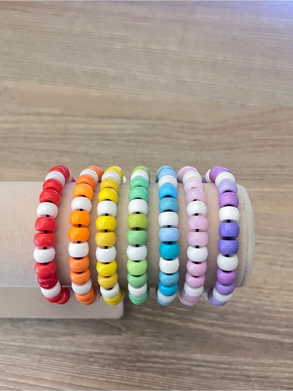 Rainbow Kandi Beaded Bracelet Set – 7 Piece Stretch Stack Y2K Rave Pastel